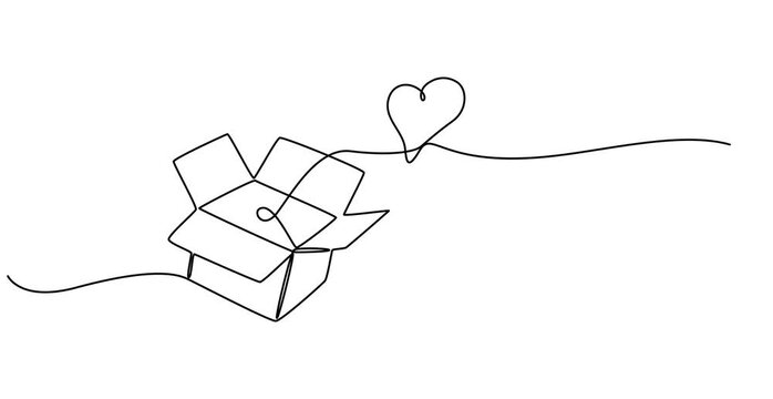 Animated self drawing continuous One line drawing of donate box with heart. Concept of help support and volunteer activity in simple linear style, continuous line drawing of donate box with heart. 