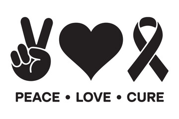 Fototapeta premium Black peace love cure symbols with hand gesture heart and ribbon for awareness and medical support on transparent.