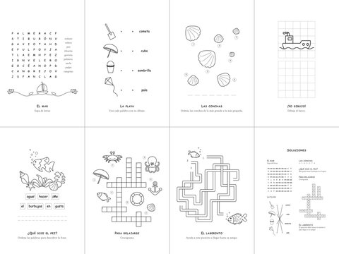 Set of 7 kids sea activity games, Spanish language, educational worksheet, vector illustration, No. 2.