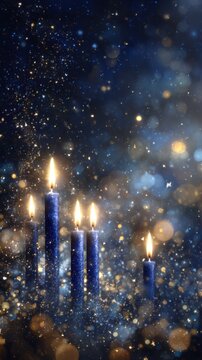Five glowing blue candles with warm flames and magical golden sparkles on dark background