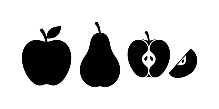 Apple fruit round with stem leaf, pear fruit tapered bottom smooth form, green apple sliced half with core, red apple whole simple