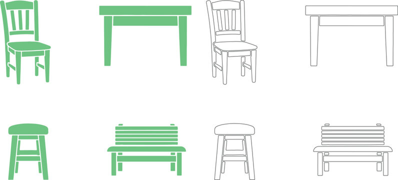 Green and outline chairs tables benches