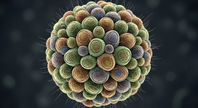 Microscopic view of a multi-colored virus or complex cellular organism