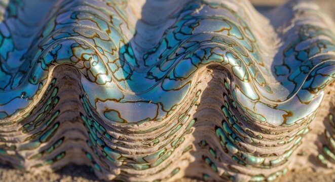 Intricate polished surface of a giant clam shell displaying iridescent nacreous layers with organic patterns