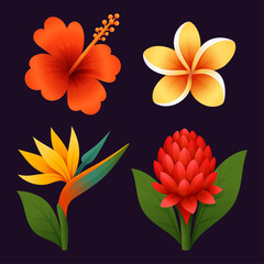 Tropical flowers set with leaves for designs and custom arrangements.