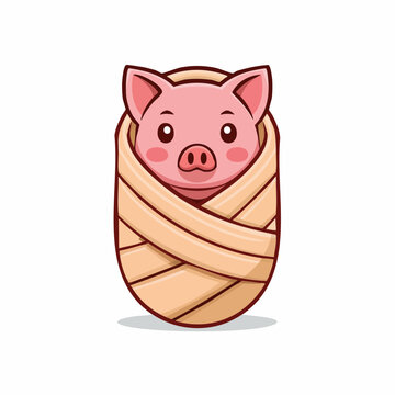 Cute cartoon piglet wrapped in blanket, baby pig illustration