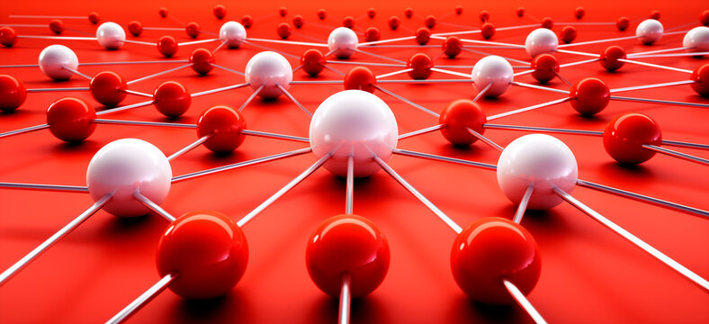 Red and white sphere network structure on red background - abstract design connection design - 3D illustration	
