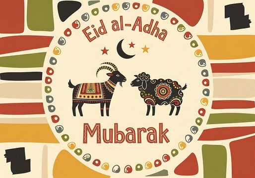 Eid alAdha Mubarak greeting card with goat and sheep illustrations