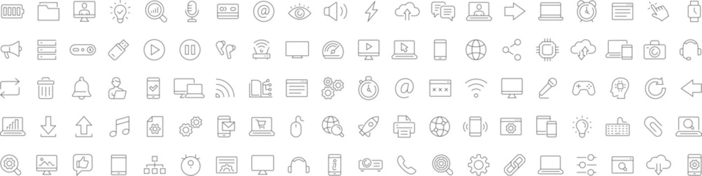 Technology 100+ line icon set, thin outline web and app icons for business, finance, media, office, startup, minimal UI UX design