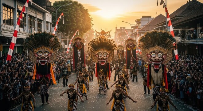 Performers in traditional masks and costumes march down a crowded street during a vibrant festival at sunset.