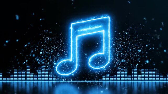 A glowing blue music note against a dark background with sound wave bars, evoking a sense of modern technology and music.