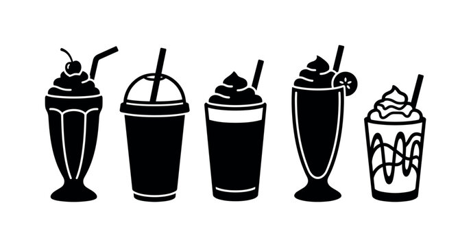 Milkshake flavors including chocolate milkshake glass, strawberry milkshake cup, vanilla milkshake drink, banana milkshake glass,