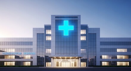 Fototapeta premium Modern hospital building with blue cross.