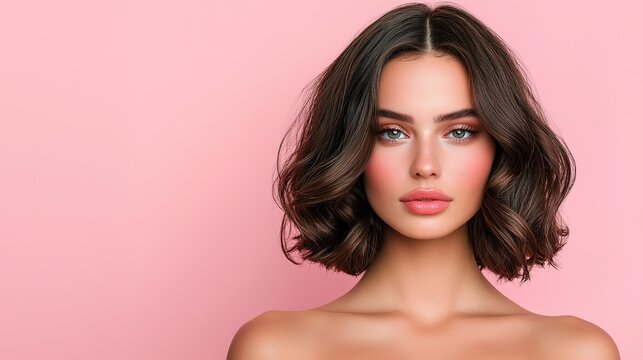 Beauty model portrait with shoulder length hair studio setting gigapixel quality soft colors close-up view