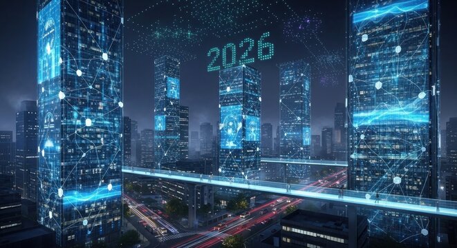 A futuristic cityscape with tall buildings and a bridge, featuring a digital clock reading 2026 and a digital skyline.