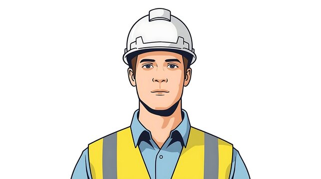 Male construction worker wearing hard hat and safety vest with protective wear work attire safety gear hi vis high visibility engineer portrait headshot illustration industry