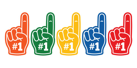 Obraz premium Colorful foam fingers with the number one displayed on each, perfect for sports fans, cheering events, team support, and vibrant promotional graphic design concepts.