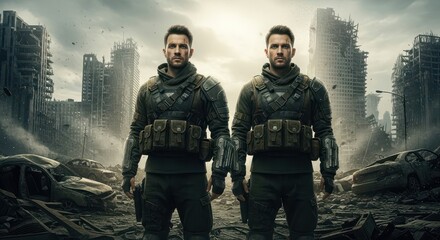 Fototapeta premium Two male soldiers stand in a ruined city after a conflict.