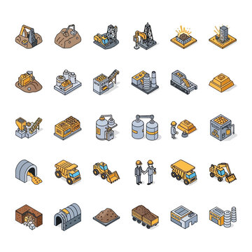 Gold Mining Operations Isometric Icons &ndash; Extraction & Processing Vector Set.