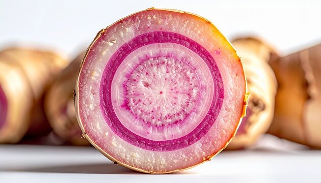 Macro cross-section of fresh galangal root with vibrant pink rings and fibrous texture