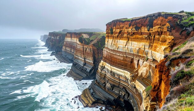 Dramatic coastal cliff with layered geological strata and ocean waves under misty sky