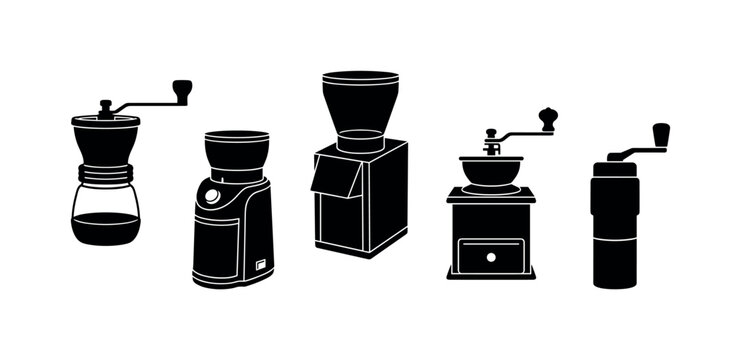 Manual coffee grinder cylindrical body, electric coffee grinder compact unit, burr grinder box shape hopper top, hand crank