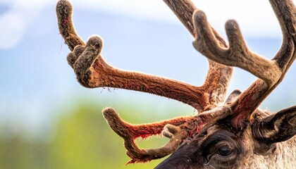 Naklejka premium Close-up of wild reindeer antlers shedding velvet with natural textures and sunlight