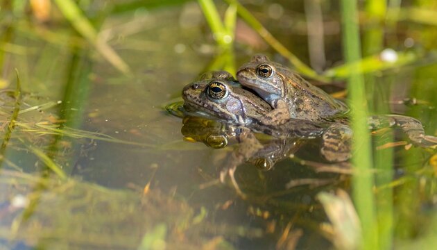 Close-up of male spring peeper frog on aquatic plant in natural pond habitat