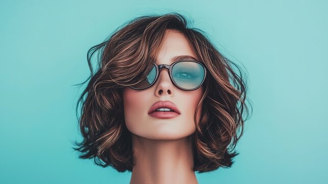 Stylish lob haircut with editorial makeup studio environment high-contrast light creative chaos