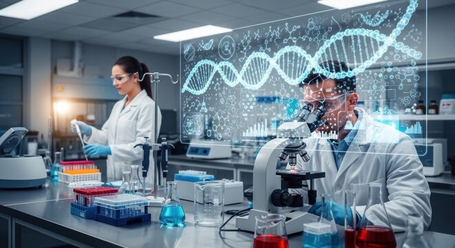 Scientists working in a laboratory with a holographic DNA strand on the screen.