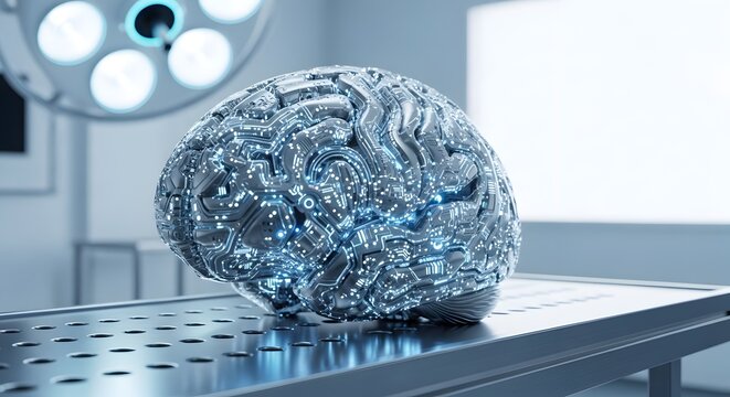 Futuristic cybernetic brain with glowing digital circuits in a laboratory