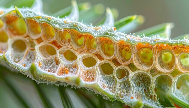 Macro close-up of pine needle surface with wax bloom and stomata rows in natural light