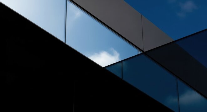 Modern architectural building exterior featuring sharp geometric planes of glass reflecting a clear blue sky with clouds