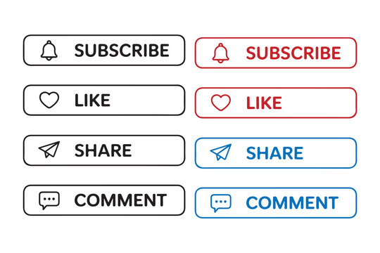 Set of social media call to action buttons like subscribe like share and comment icons.
