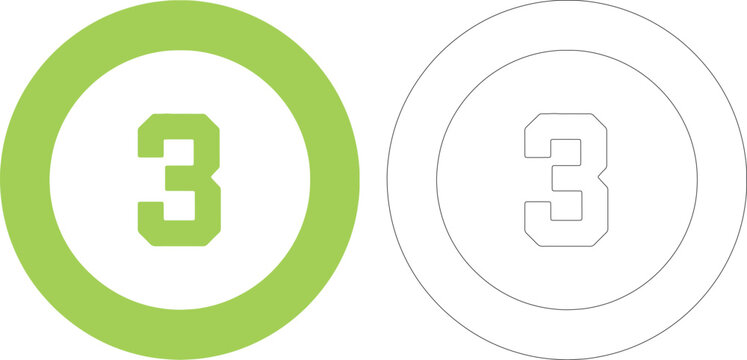 Green number 3 inside circle and outline number 3 three