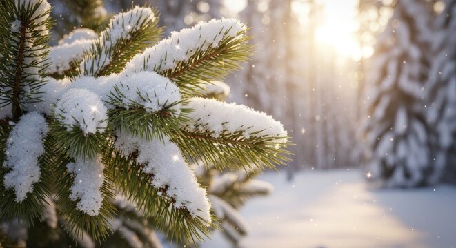 A snow-covered pine branch with pine cones and snowflakes against a snowy forest background.