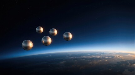 Obraz premium Metallic spheres orbiting above Earth planet. Futuristic spacecraft formation in deep space. Concept of planetary exploration, alien technology, satellite network and cosmic voyage adventure