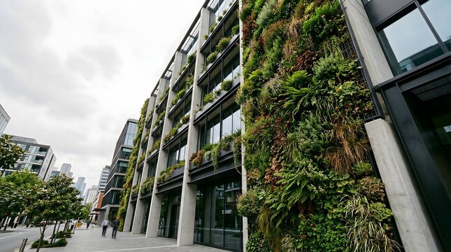Modern building with large green living wall, Earth Day