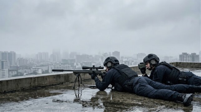 Sniper team of two men in tactical gear lying on rooftop roof. Specialized soldier spotting through binoculars while marksman aiming long range rifle at city