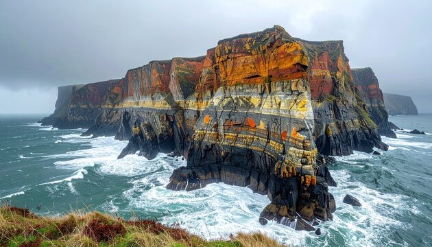 Dramatic coastal cliff with vibrant geological strata and crashing waves under moody sky