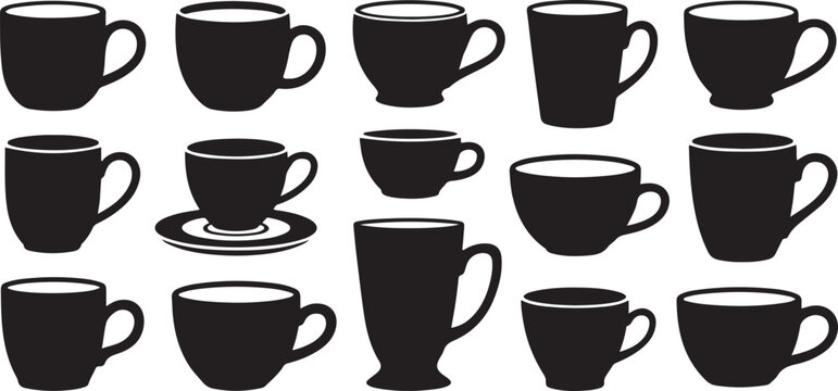 Coffee cup silhouettes collection, various mug and teacup shapes with saucers, hot beverage drinkware set  Silhouette  vector illustration with out background.