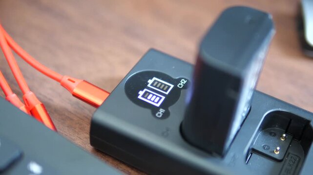 Close-up of digital camera battery charging on dual charger with LCD status display and orange USB cables for photography and technology concept