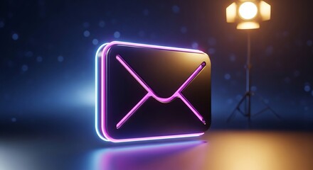 Naklejka premium Neon glowing email icon on dark background with spotlight.