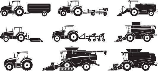 Set of agricultural machinery silhouettes including farm tractors with trailers plows and combine harvesters Silhouette  vector illustration with out background. © Misho x Mamun