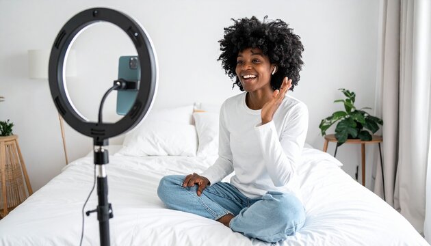 Joyful young African American woman vlogging at home, recording engaging video content with a smartphone and ring light setup, sharing her passion online