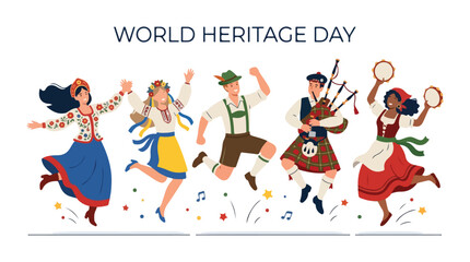 Fototapeta premium Vector of a group of people from various countries dancing traditional dances to celebrate 