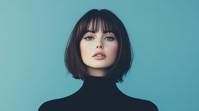 Chic editorial portrait of a model with lob cut and bangs studio setting fashion photography calm environment