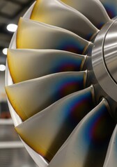Obraz premium Close up of a jet engine turbine showcasing iridescent heat discoloration on the blades.