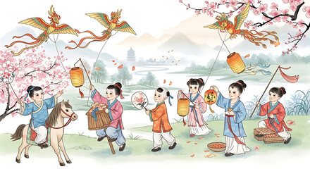 Fototapeta premium Traditional Chinese Illustration of Children Playing in Spring