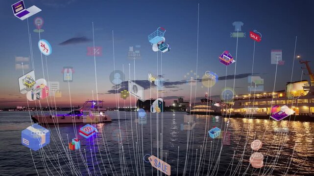 Sunset Port Digital Transaction Icons Payment Tokens And Shipping Manifests Rise Above Pier, Fintech Broker